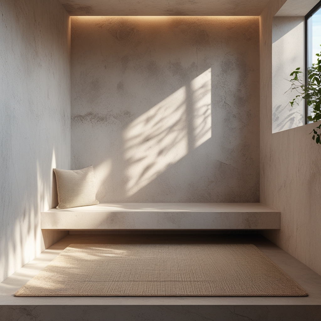 Minimalistyczna, drewniana sala do ćwiczeń z matami do jogi ułożonymi równolegle na jasnej podłodze, duże okna wpuszczające naturalne światło, spokojne, stonowane wnętrze
