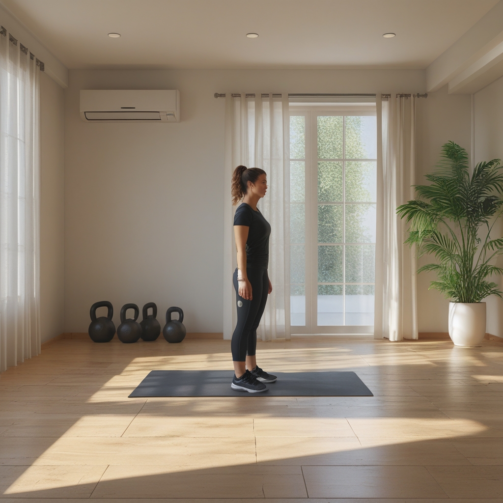 Czyste, jasne studio fitness z drewnianą podłogą i ceglaną ścianą, w którym widać kettlebell i mata do ćwiczeń na tle dużego okna wpuszczającego ciepłe, popołudniowe światło